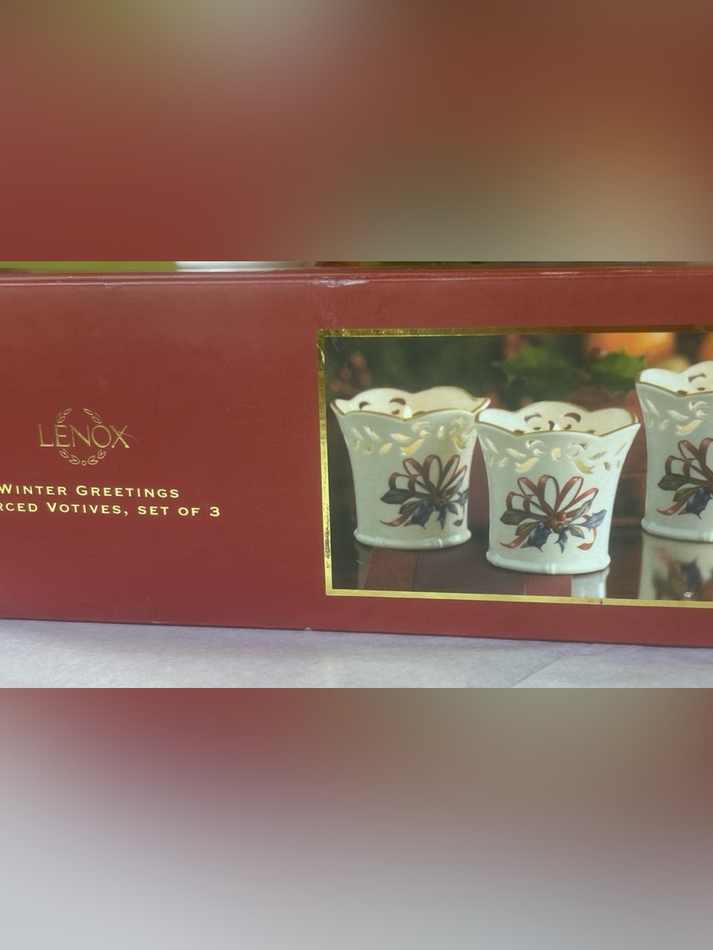 Lenox Set Of 3 Holly Leaves Votives Holiday Christmas Candle Holders